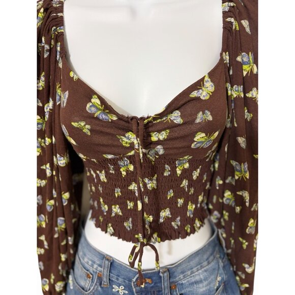 Urban Outfitters Brown Butterfly Smocked Crop Top Long Sleeve Small - Picture 2 of 8